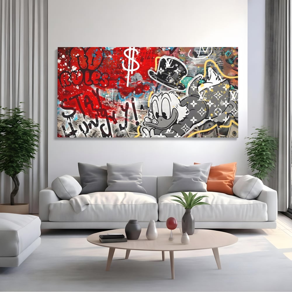 Tablou canvas cu tablou canvas cu scrooge mcduck si graffiti, fara rama, pe sasiu de lemn, pe perete intr-un living